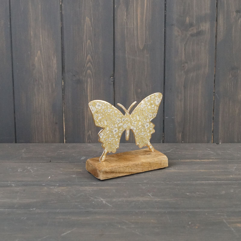 Medium Light Green Metal Butterfly on Wooden Base detail page